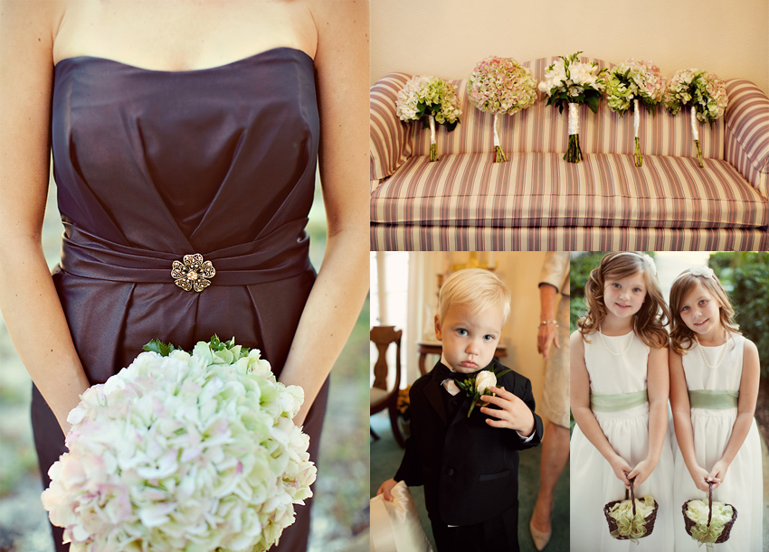 flower girl, ring bearer, flowers, vintage wedding, vintage bridesmaid dress, brown bridesmaid dress