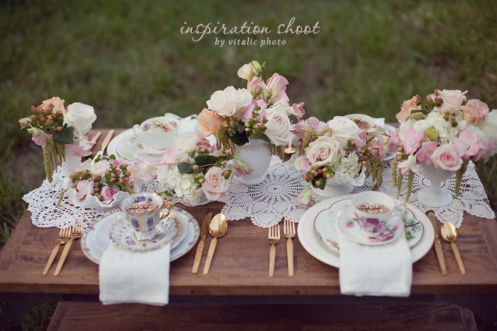 styled shoot, inspiration shoot, vintage wedding decor, vintage wedding, hobnail vase centerpieces, rustic wedding, mismatched china wedding, doily decoration, pink flowers, peach flowers, white flowers, garden wedding