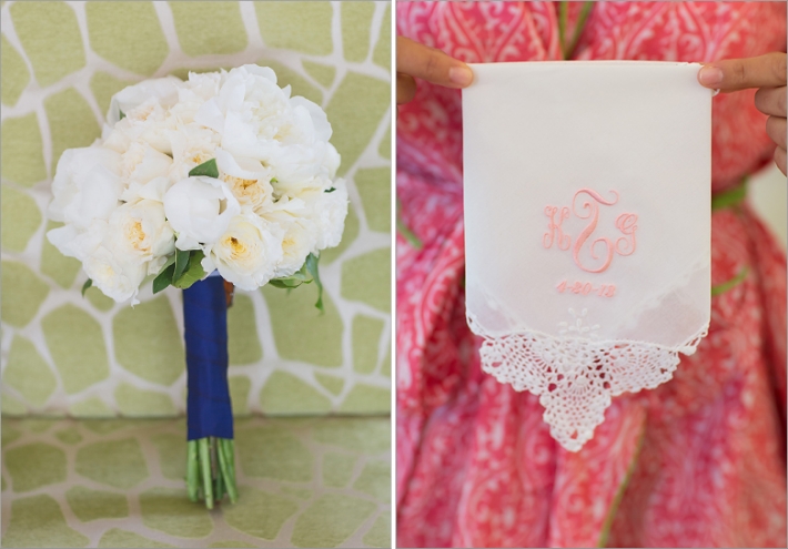 white peony bouquet, monogramed handkerchief