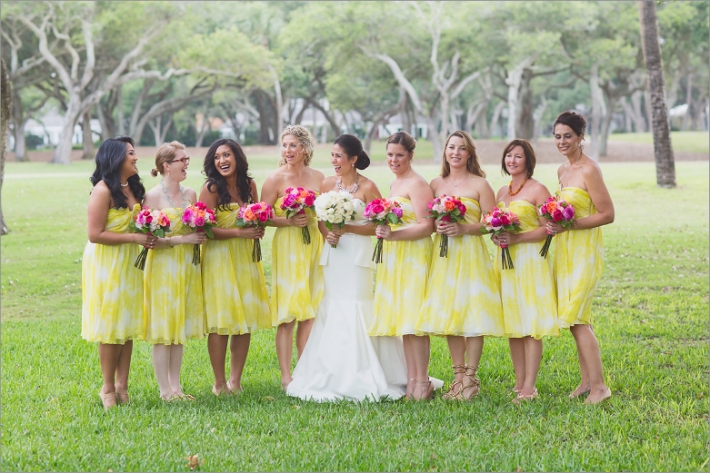 yellow citrine bridesmaid dresses, pink bouquets