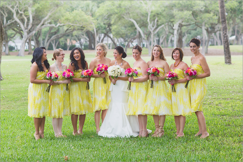 yellow citrine bridesmaid dresses, pink bouquets