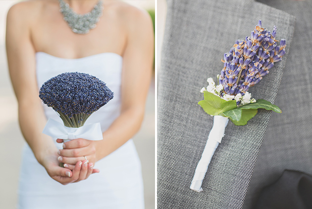 wedding details lavender boquet and boutonniere