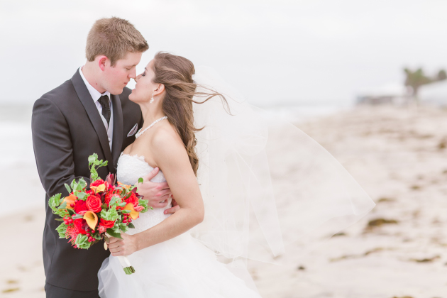 vero beach hotel wedding, orange and red bouquet, beach wedding photos, vitalic photo